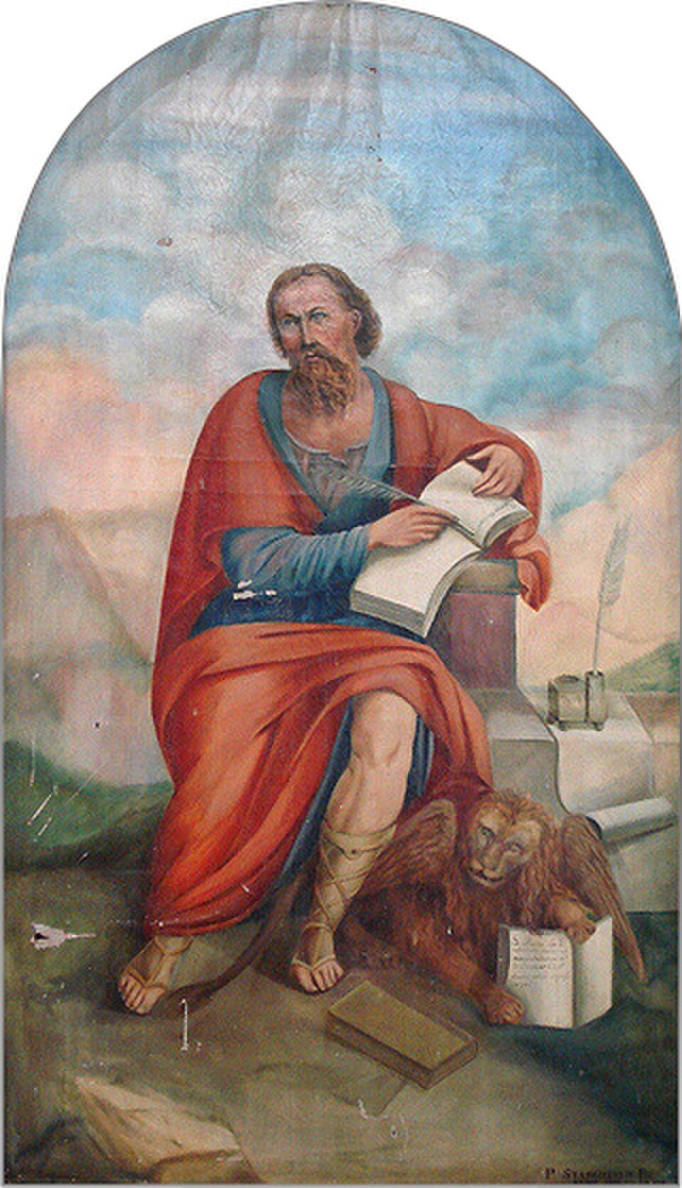 Pintura de san Marcos evangelista con manto rojo, escribiendo en un libro, con un león alado a sus pies