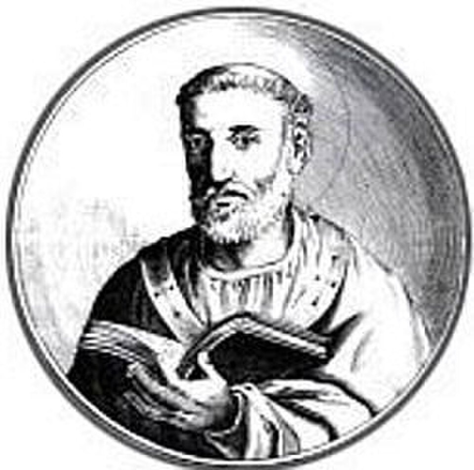 Grabado en blanco y negro de san Pedro Crisólogo con barba y vestiduras litúrgicas, sosteniendo un libro abierto