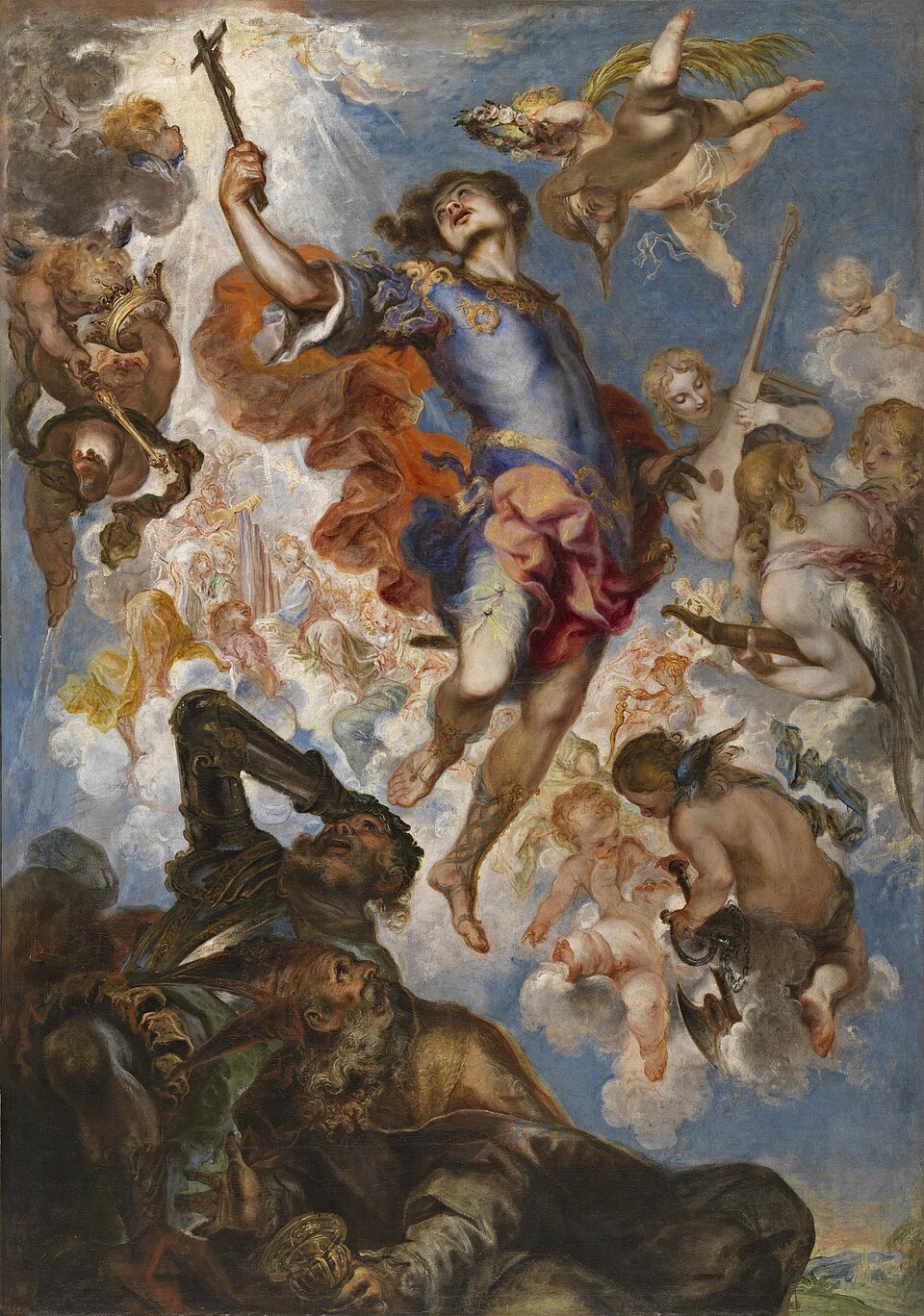 Pintura de san Hermenegildo con coraza azul elevándose al cielo con una cruz en alto, rodeado de ángeles