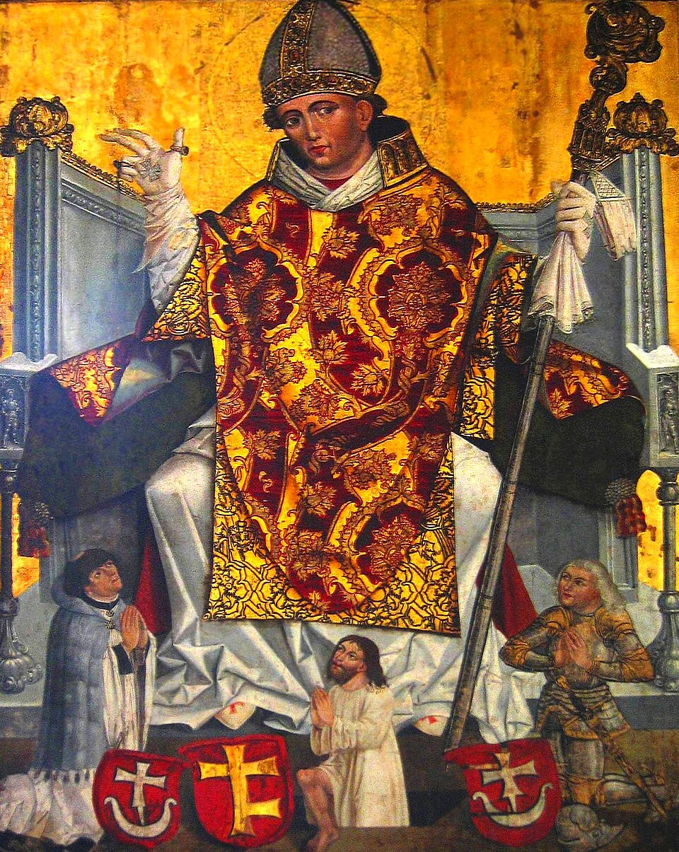 Pintura sobre tabla de san Estanislao de Cracovia entronizado con mitra, báculo y casulla roja y dorada, con figuras arrodilladas