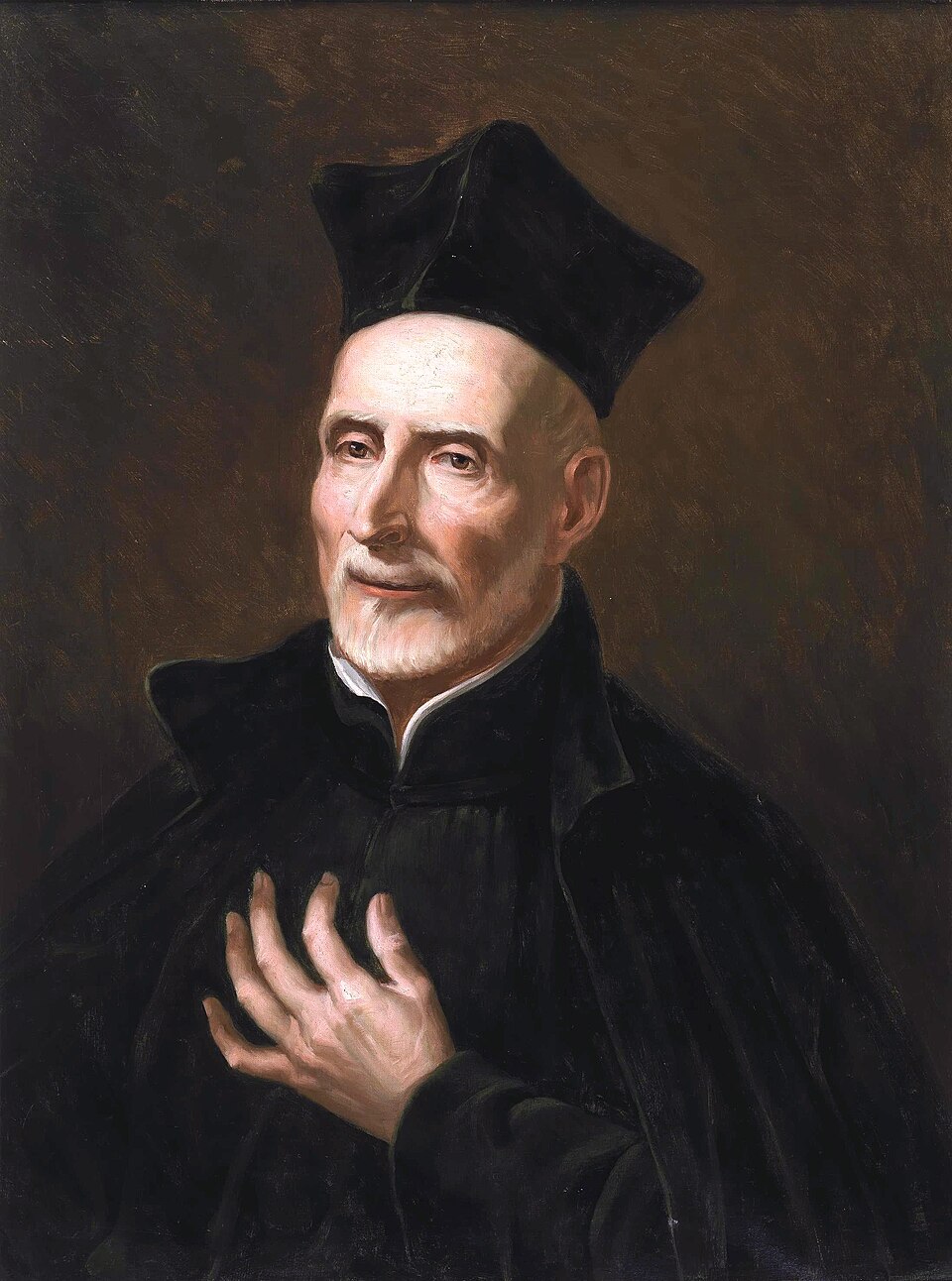 Retrato pintado de san José de Calasanz anciano, con bonete y sotana negros, la mano sobre el pecho