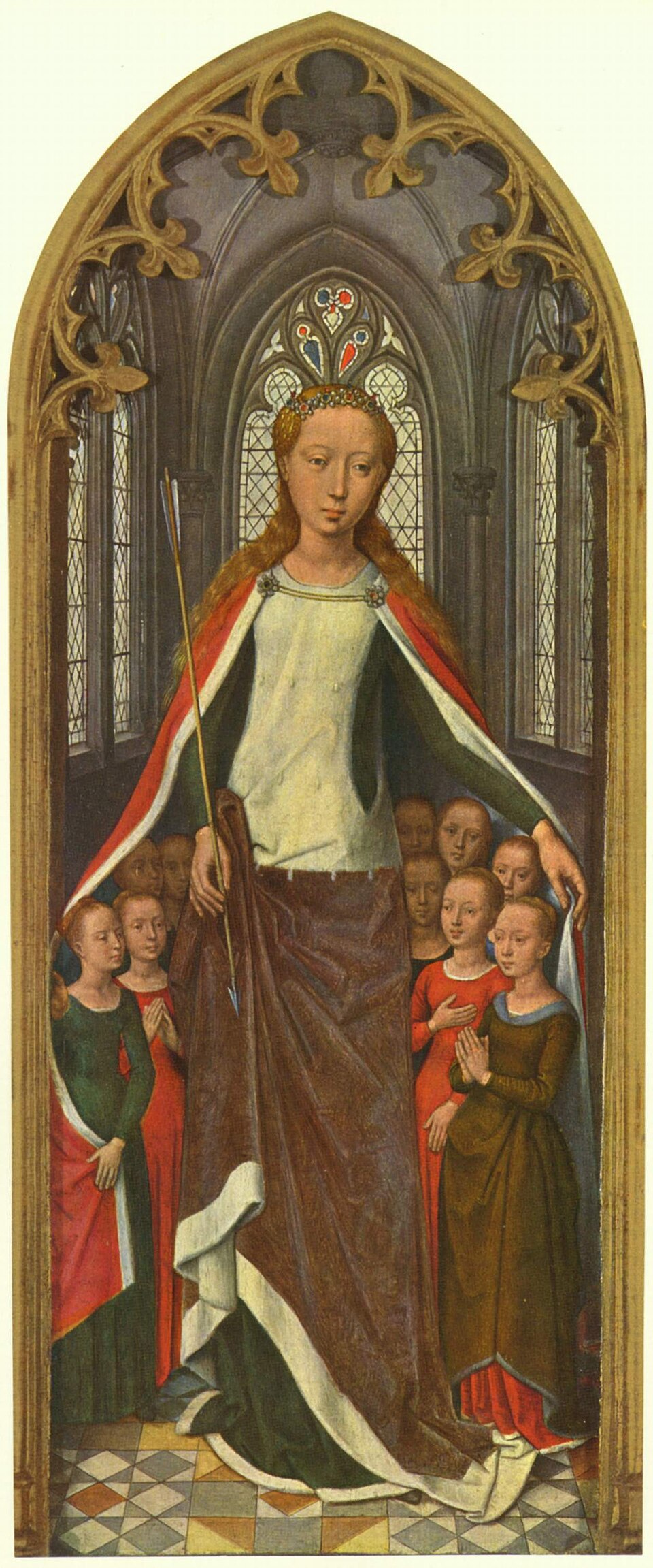 Pintura de santa Úrsula con diadema y una flecha, cobijando bajo su manto a un grupo de doncellas