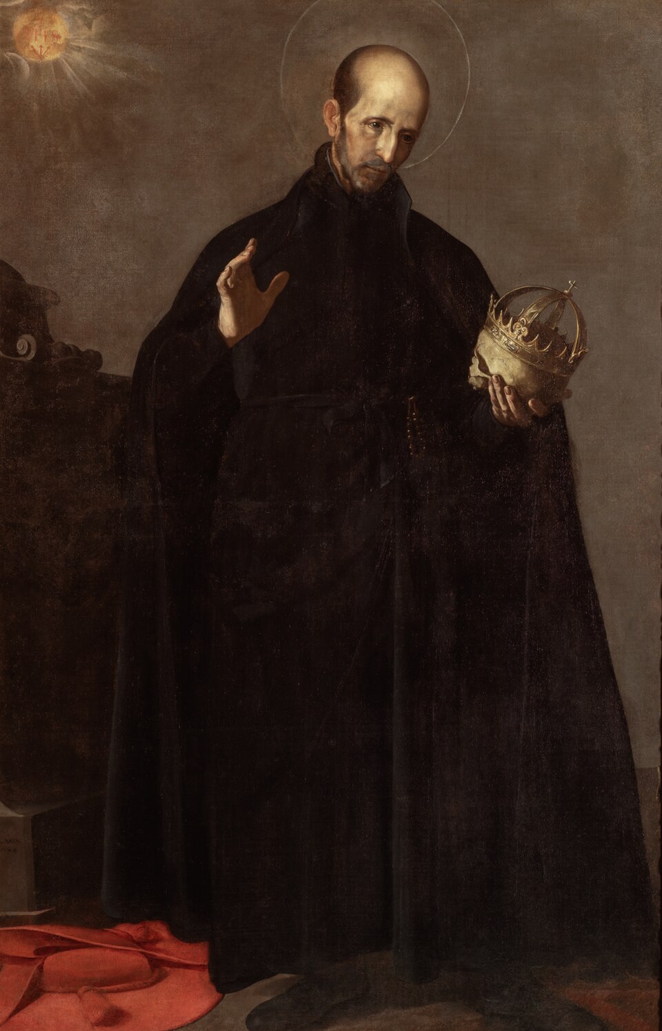 Pintura de san Francisco de Borja con sotana negra y aureola, sosteniendo una calavera con corona