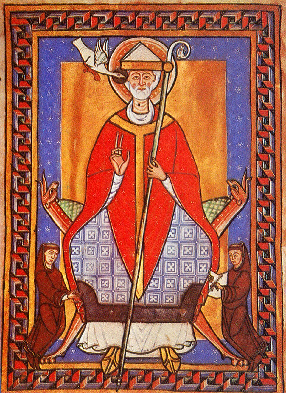 Miniatura medieval de san Gregorio Magno con mitra, báculo y casulla roja, una paloma en su oído y dos monjes