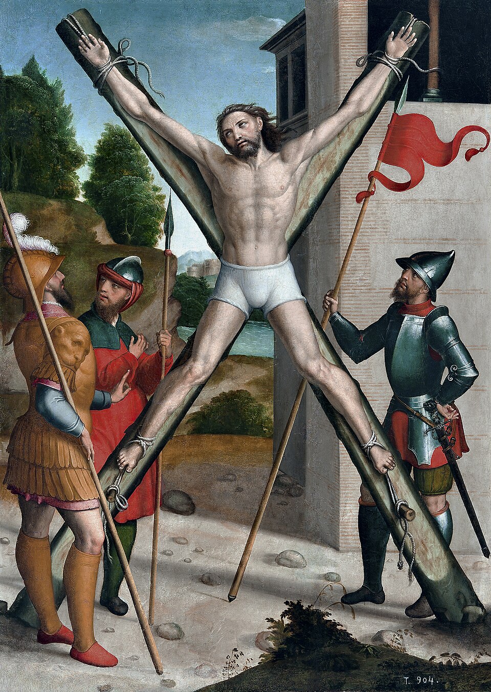 Pintura del martirio de san Andrés atado a una cruz en aspa, rodeado de soldados con lanzas y un estandarte