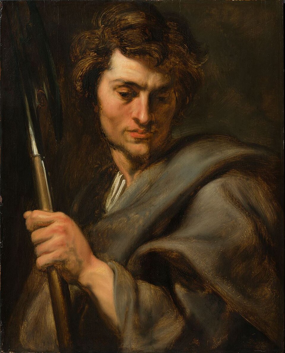 Pintura de san Mateo joven de cabello castaño y manto gris, sujetando una alabarda y mirando hacia abajo