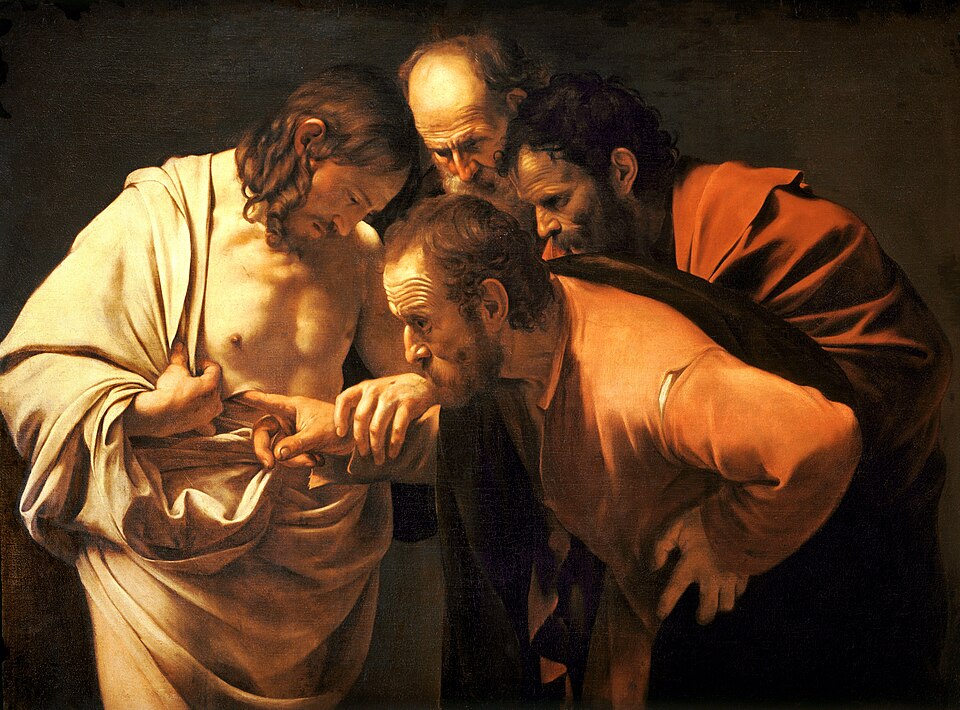 Pintura de santo Tomás apóstol introduciendo el dedo en la llaga del costado de Cristo resucitado, ante otros dos apóstoles