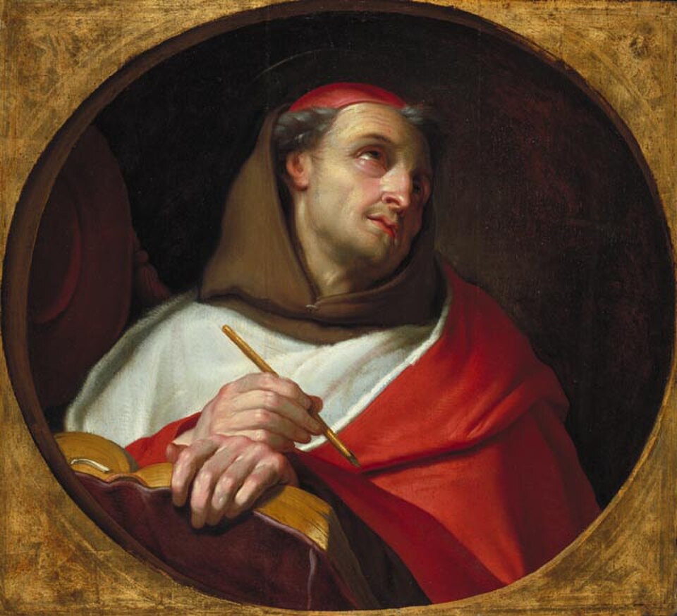 Pintura de san Buenaventura con capucha franciscana, muceta roja y solideo, sosteniendo una pluma y un libro, mirando arriba