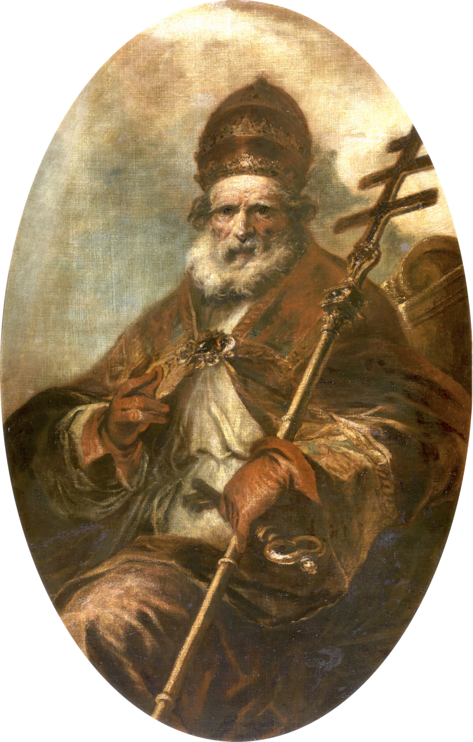 Pintura ovalada de san León Magno anciano con tiara, barba blanca, cruz papal de triple travesaño y unas llaves