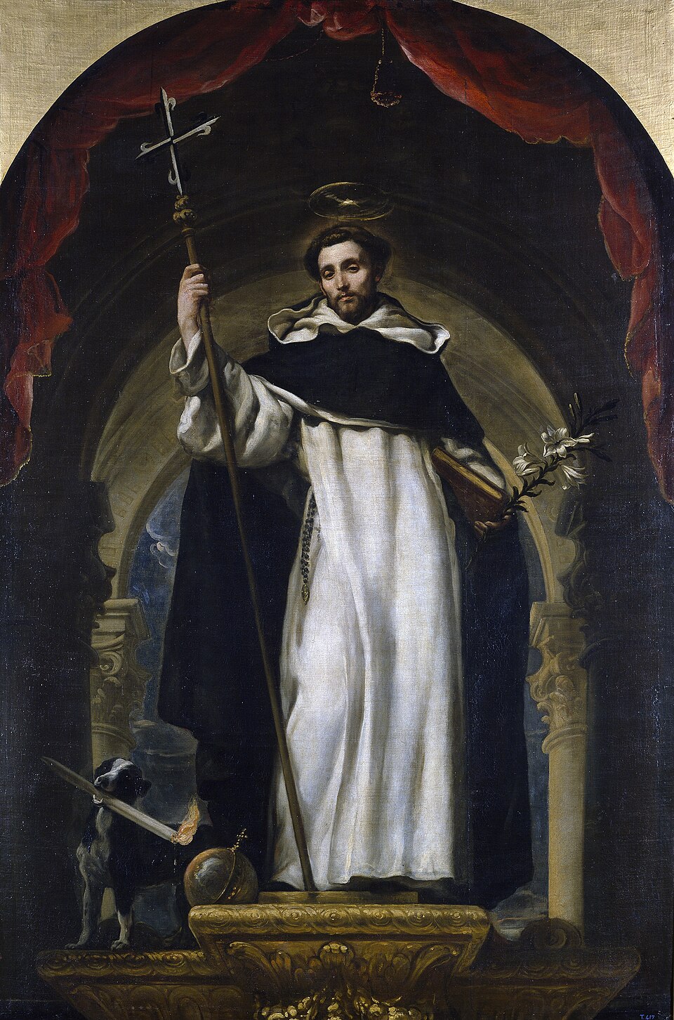 Pintura de santo Domingo de Guzmán con hábito dominico, cruz, libro y lirio, junto a un perro con antorcha