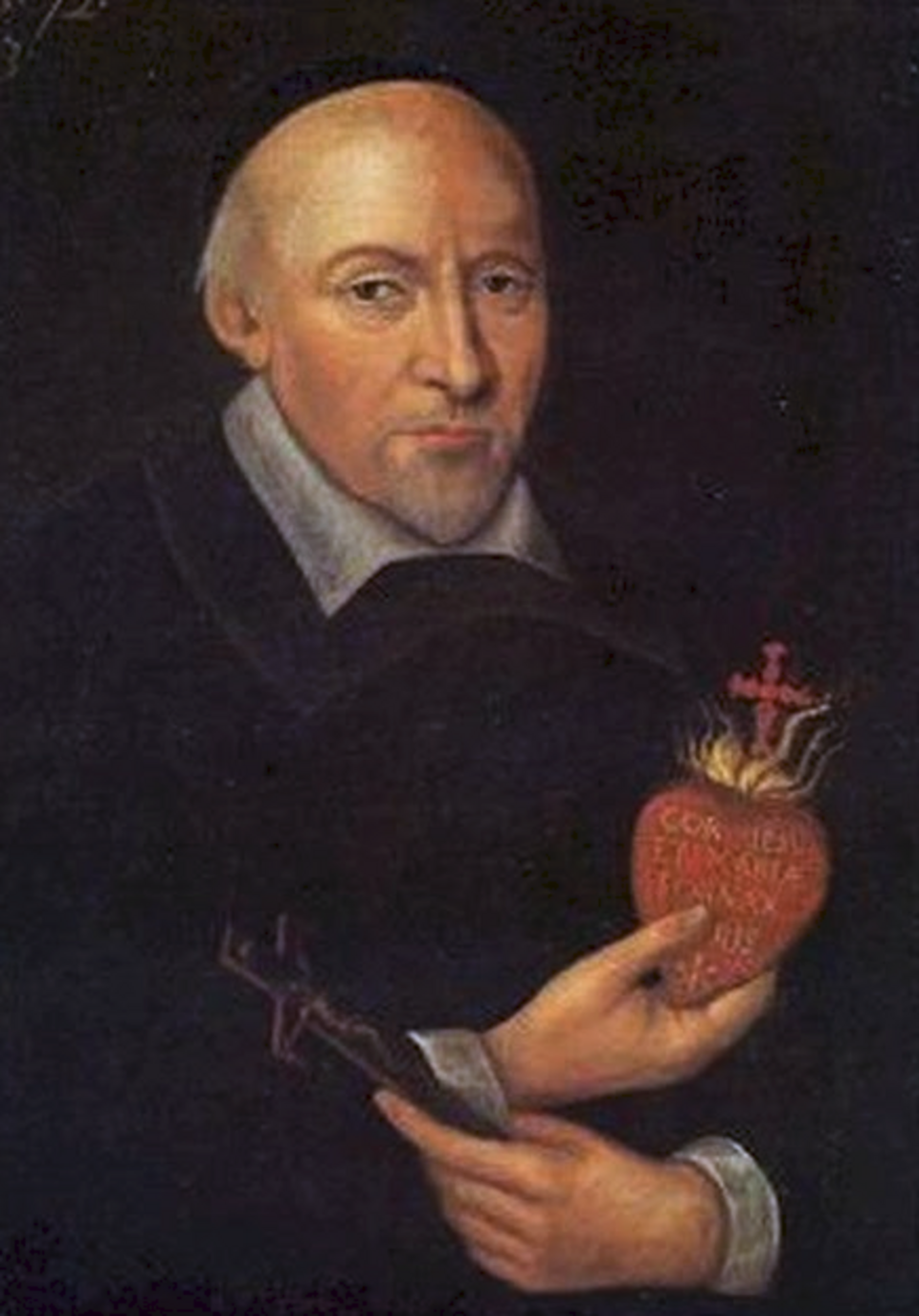 Retrato de san Juan Eudes con sotana negra y alzacuellos blanco, sosteniendo un corazón en llamas con una cruz