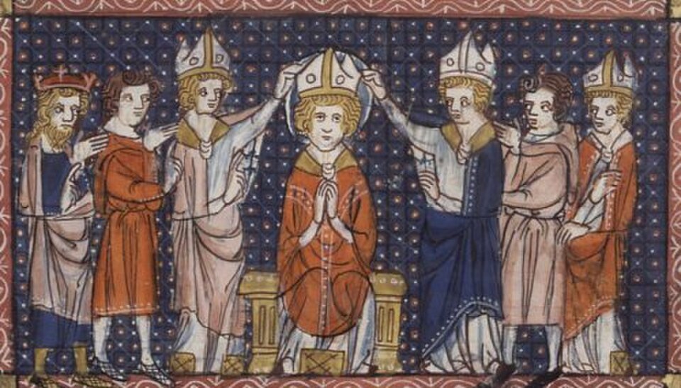 Miniatura medieval de la consagración de san Hilario de Poitiers, sentado mientras dos obispos le imponen la mitra