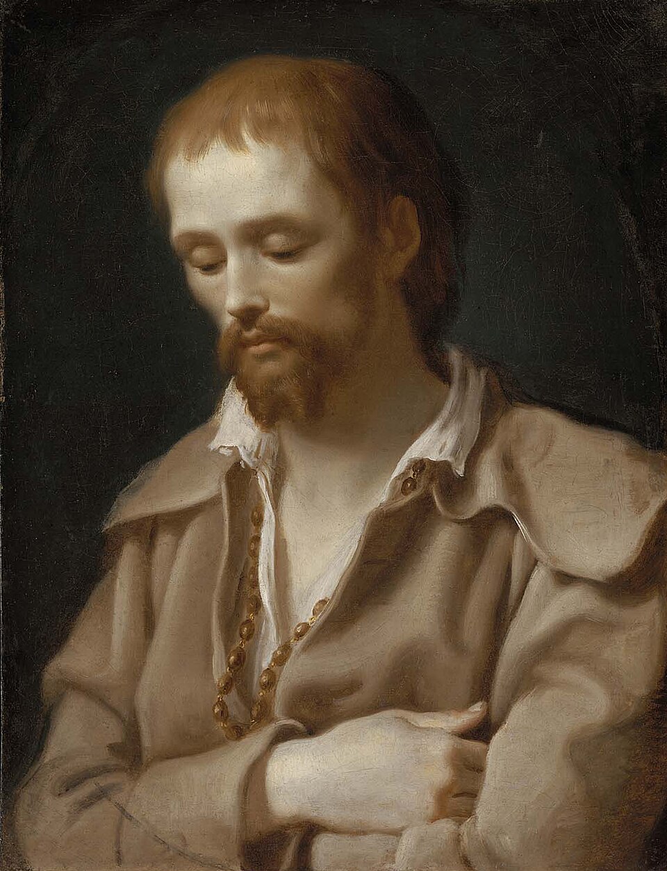 Pintura de san Benito José Labre con barba, ropa humilde parda y rosario al cuello, con la mirada baja