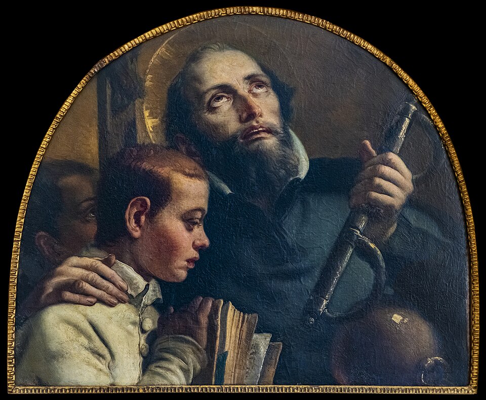 Pintura de san Jerónimo Emiliani mirando al cielo con unos grilletes, abrazando a un muchacho con un libro