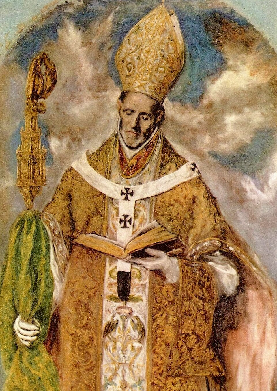 Pintura de san Ildefonso con mitra y capa doradas, leyendo un libro y sosteniendo el báculo