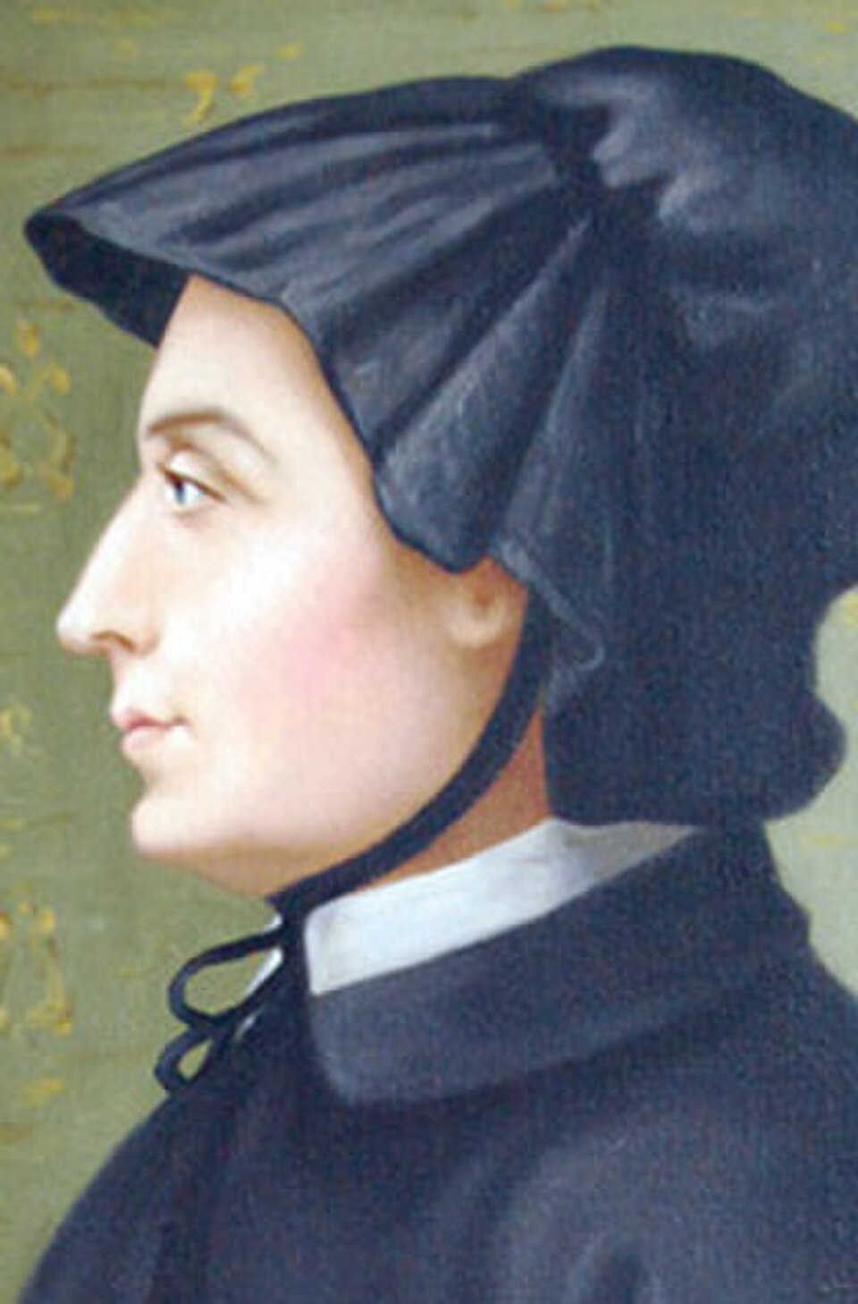 Pintura de perfil de santa Isabel Ana Seton con cofia negra y cuello blanco