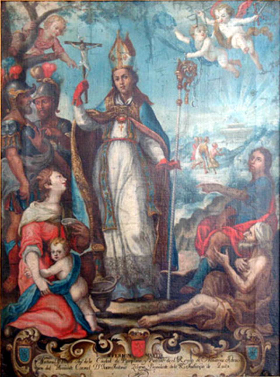 Pintura de san Fermín con mitra y báculo, alzando un crucifijo entre soldados, una madre con niño y un enfermo