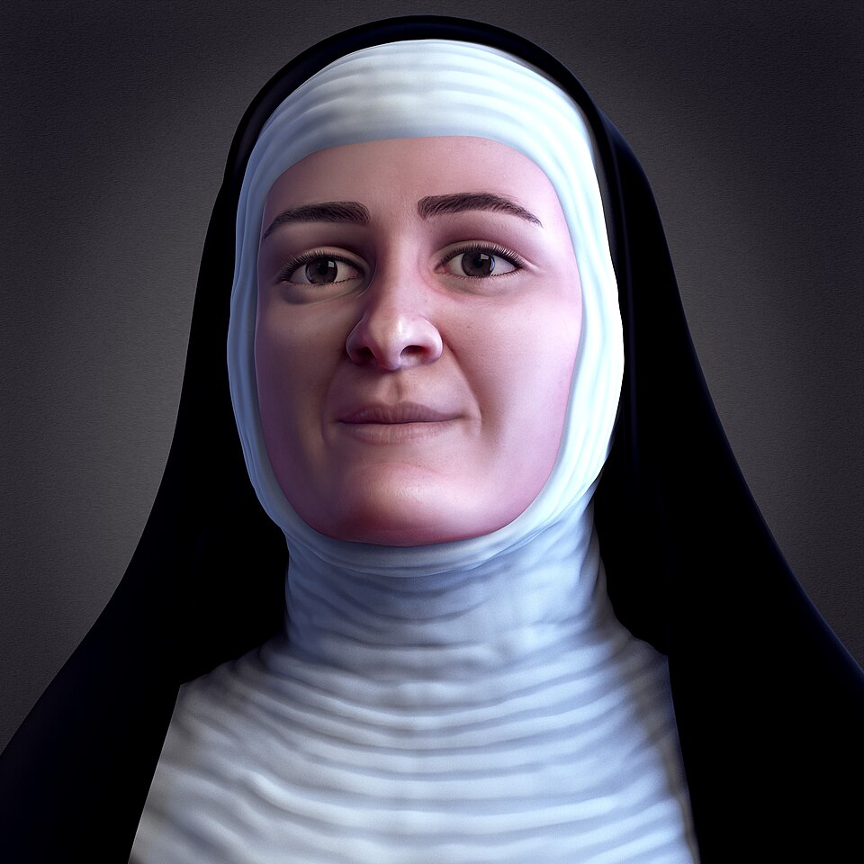 Reconstrucción digital del rostro de la beata Ana de los Ángeles Monteagudo con toca blanca y velo negro
