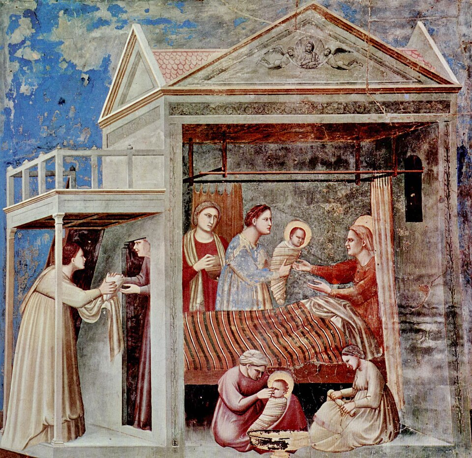 Fresco de la Natividad de la Virgen María: santa Ana en el lecho y mujeres atendiendo a la recién nacida