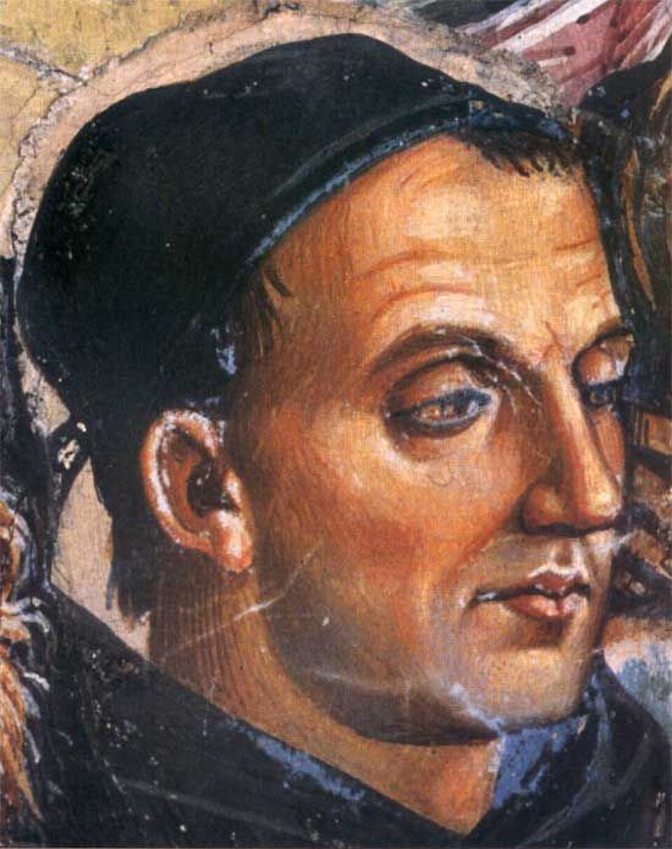 Detalle de fresco con el rostro de tres cuartos del beato Juan de Fiésole, con capucha negra y aureola