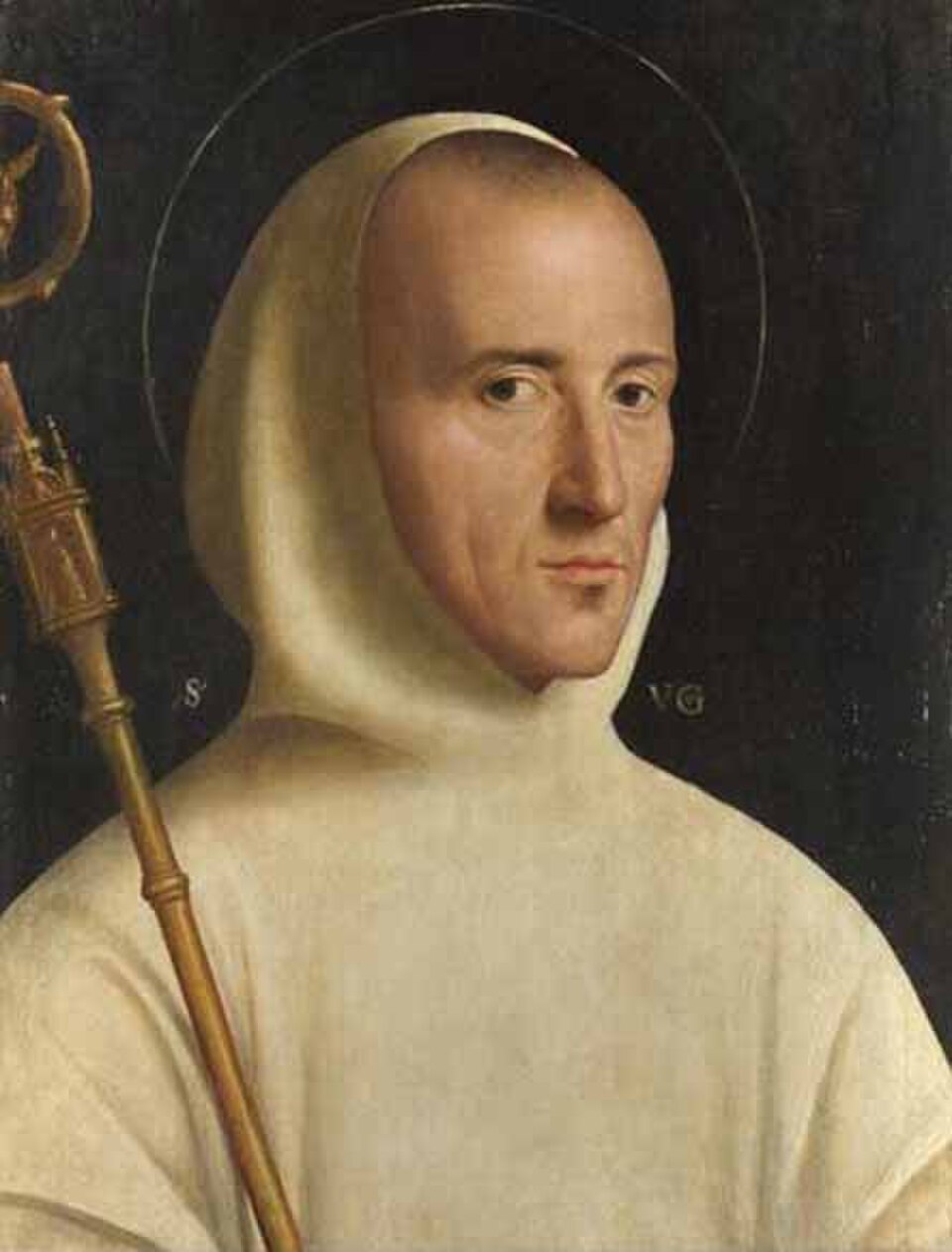 Retrato de san Hugo de Grenoble con hábito blanco con capucha, aureola y báculo dorado sobre fondo oscuro