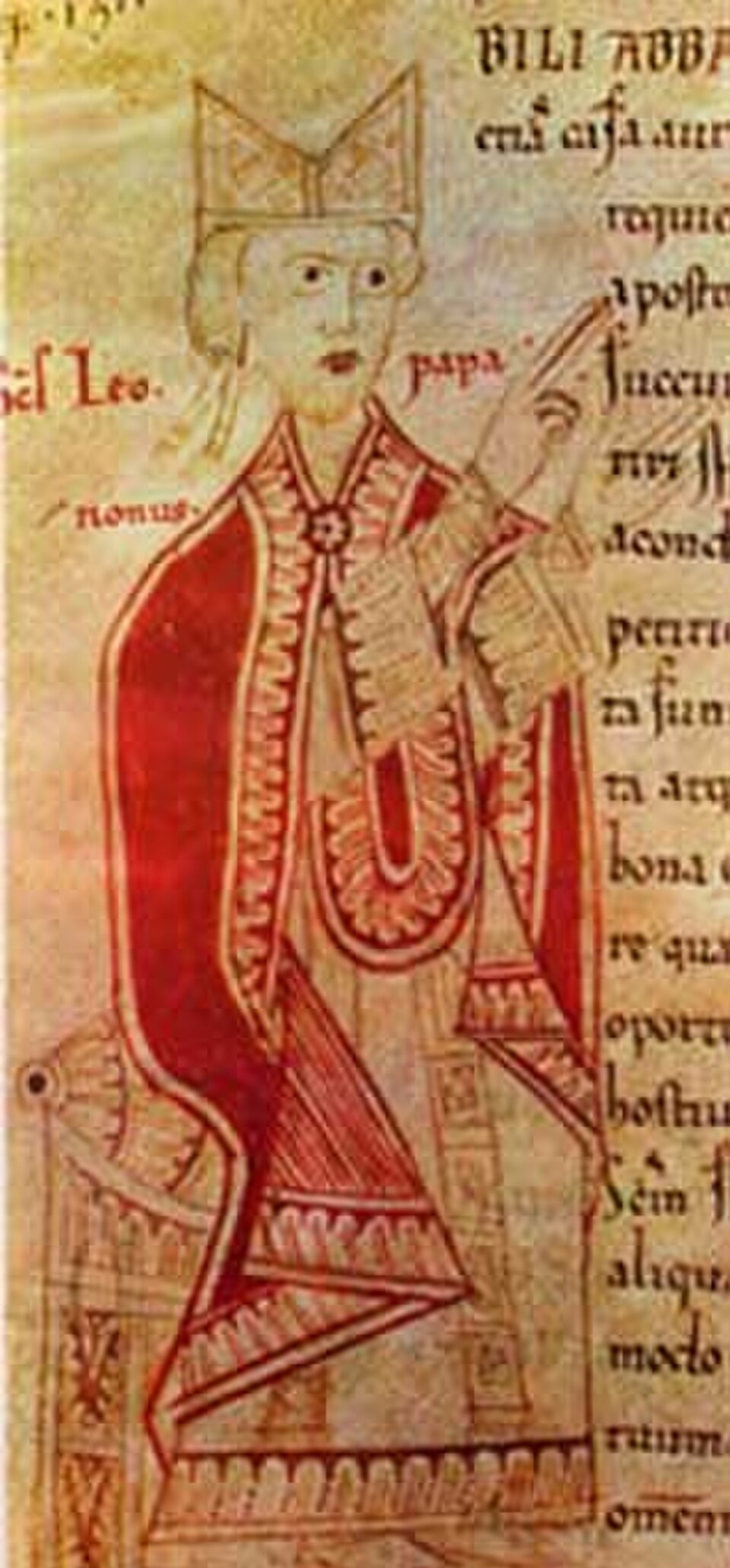 Miniatura medieval de san León IX sentado, con mitra y casulla roja, junto a un texto en latín