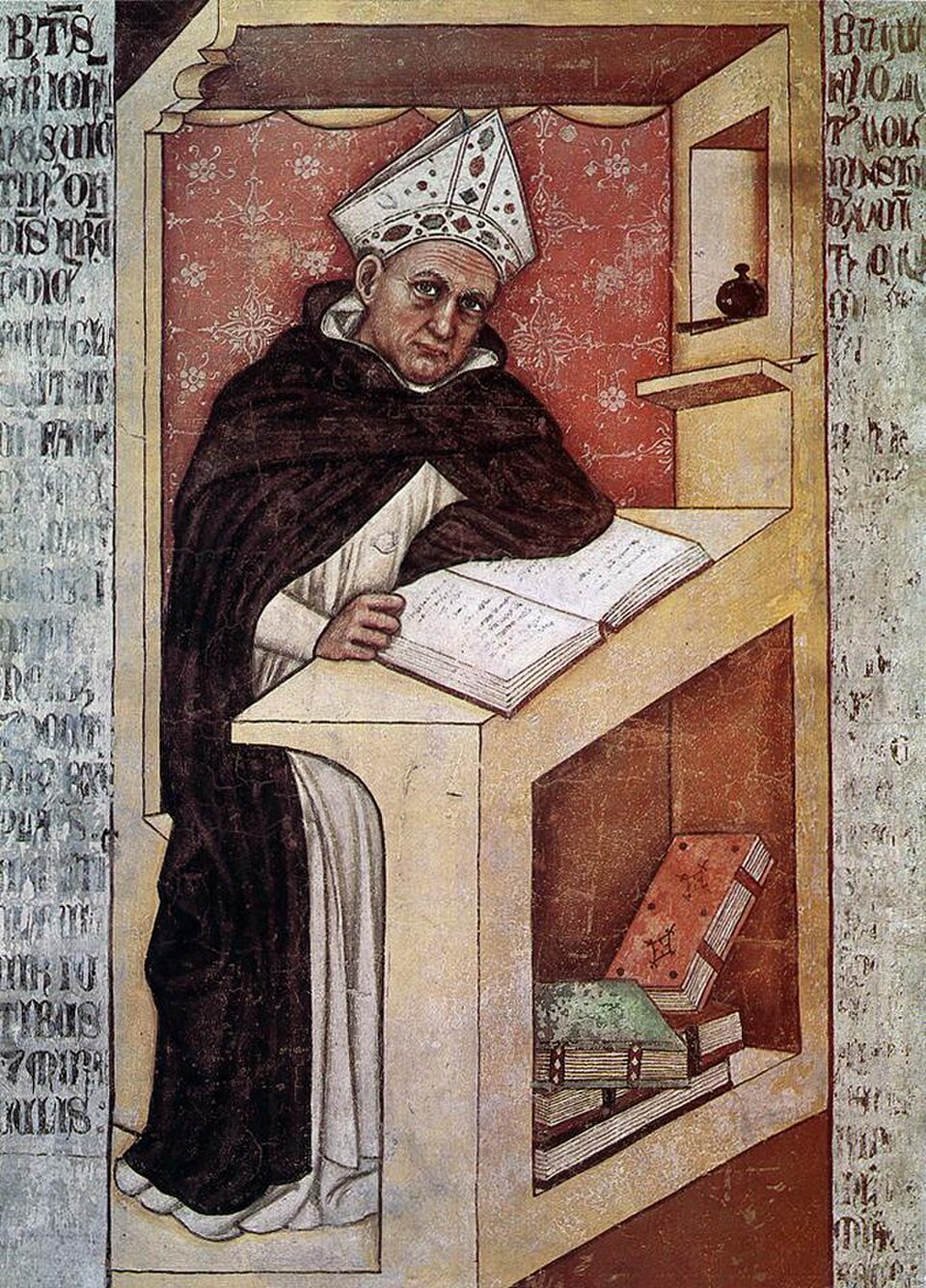 Fresco de san Alberto Magno con mitra y hábito dominico, apoyado en un pupitre con un libro abierto