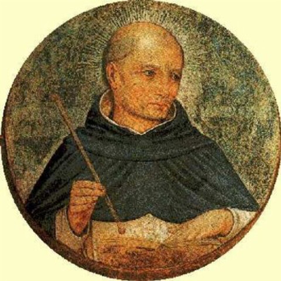 Pintura en medallón del beato Jordán de Sajonia con hábito dominico blanco y negro, sosteniendo una vara