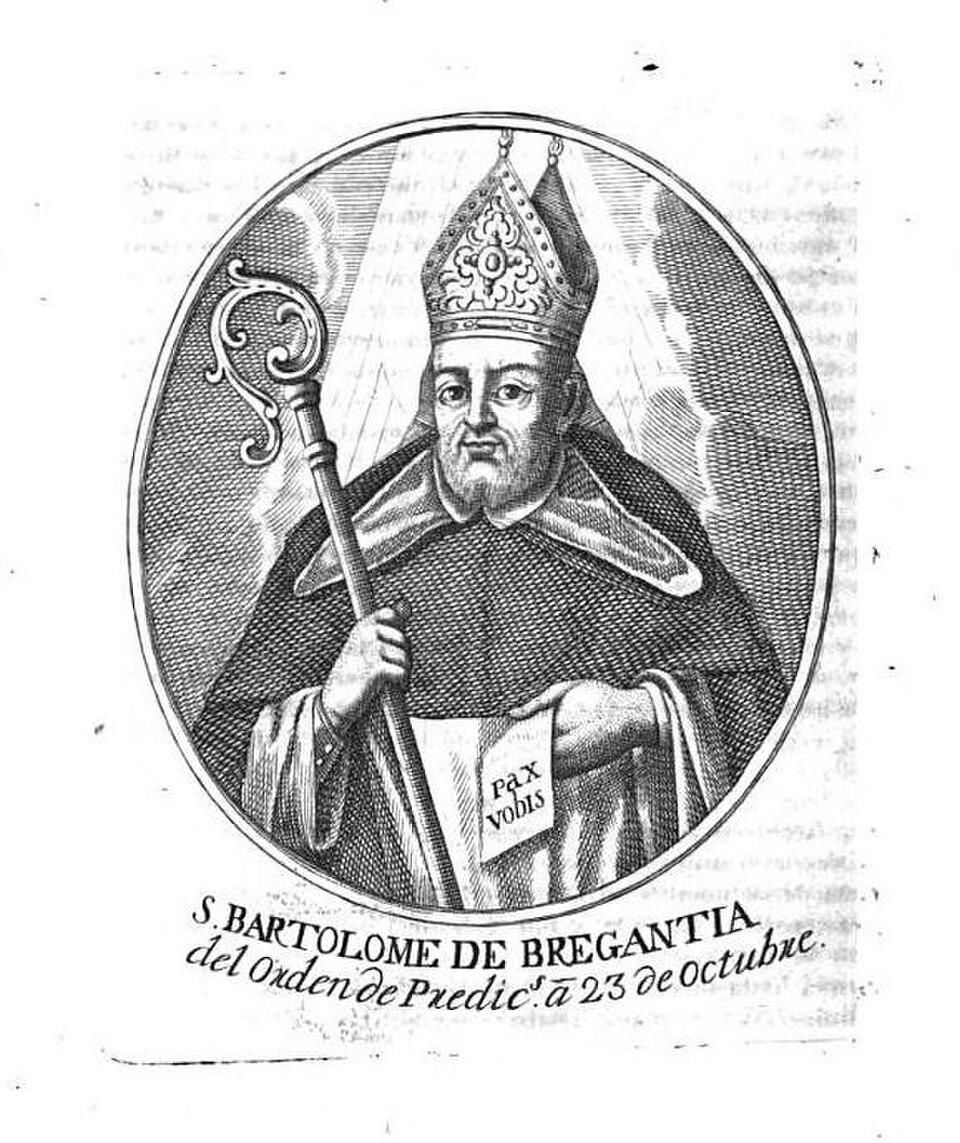 Grabado del beato Bartolomé de Breganza con mitra y báculo, sosteniendo un libro con la inscripción PAX VOBIS