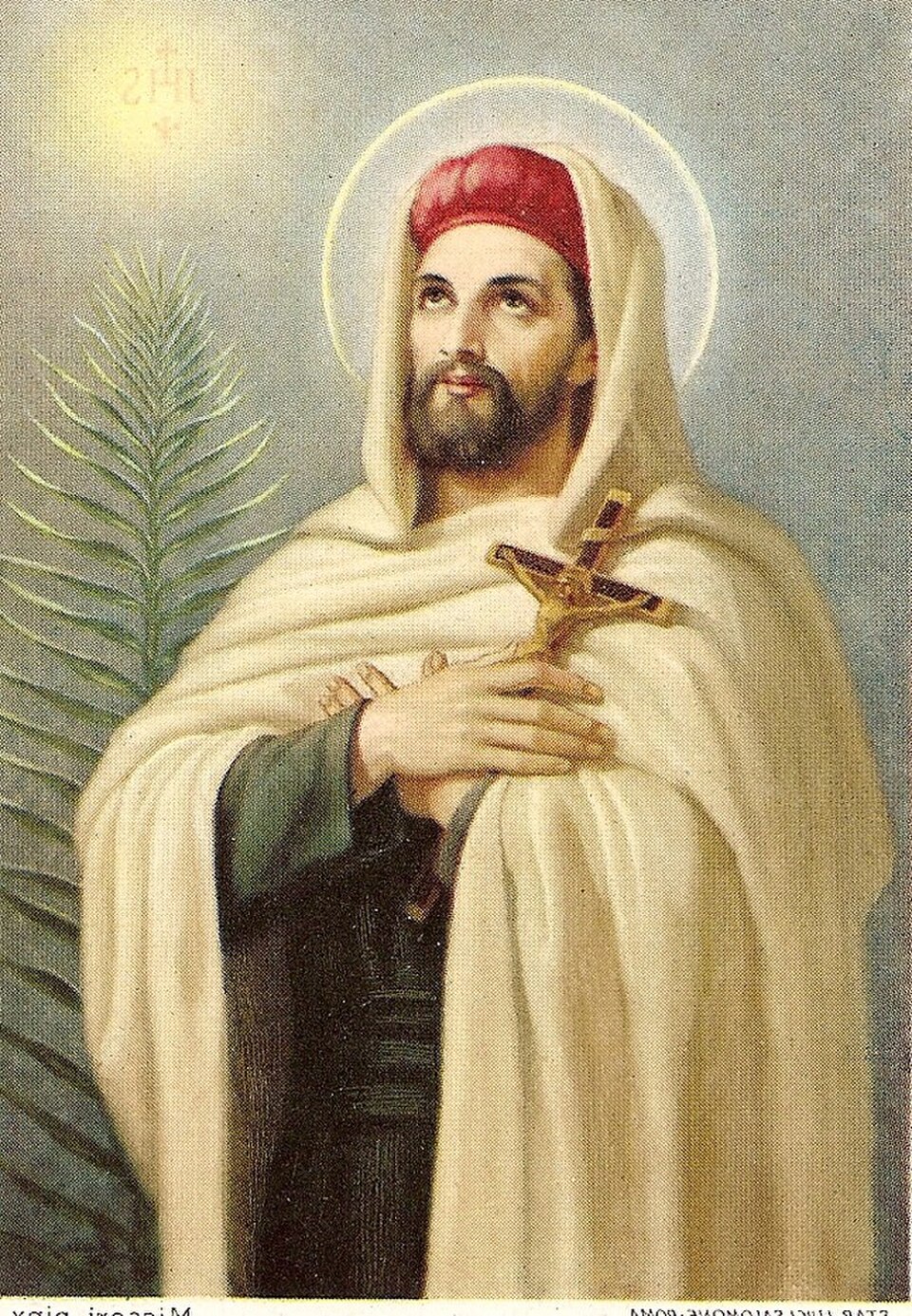 Estampa de san Juan de Brito con manto blanco y gorro rojo, sosteniendo un crucifijo junto a una palma