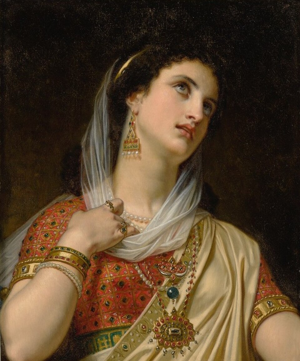 Pintura de la reina Ester con velo blanco, joyas y túnica bordada, mirando hacia lo alto