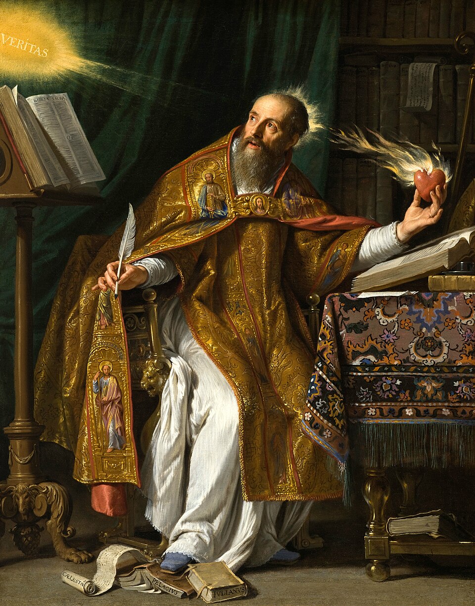 Pintura de san Agustín de Hipona con capa dorada, barba, pluma en la mano y un corazón en llamas