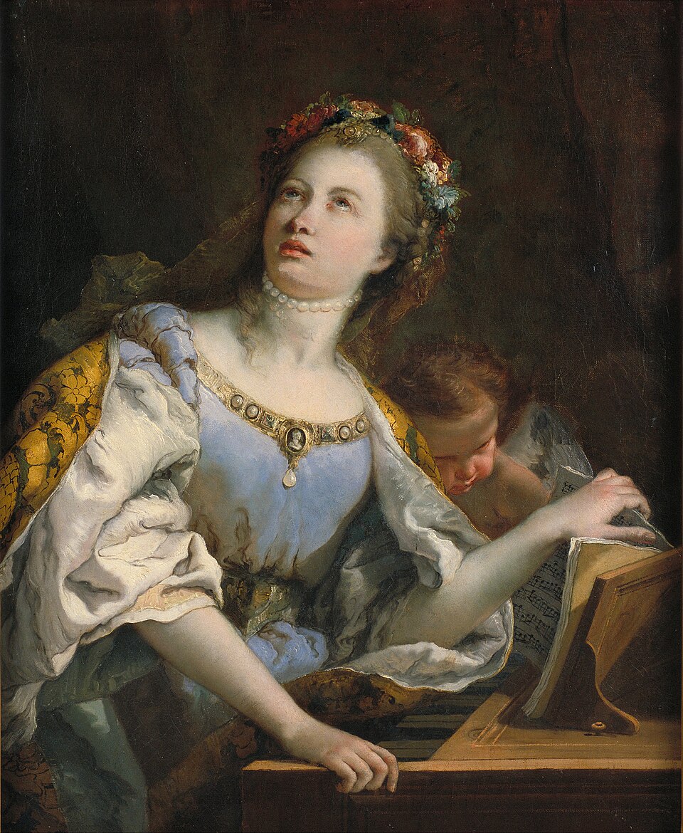 Pintura de santa Cecilia con corona de flores y perlas, mirando al cielo junto a una partitura y un ángel