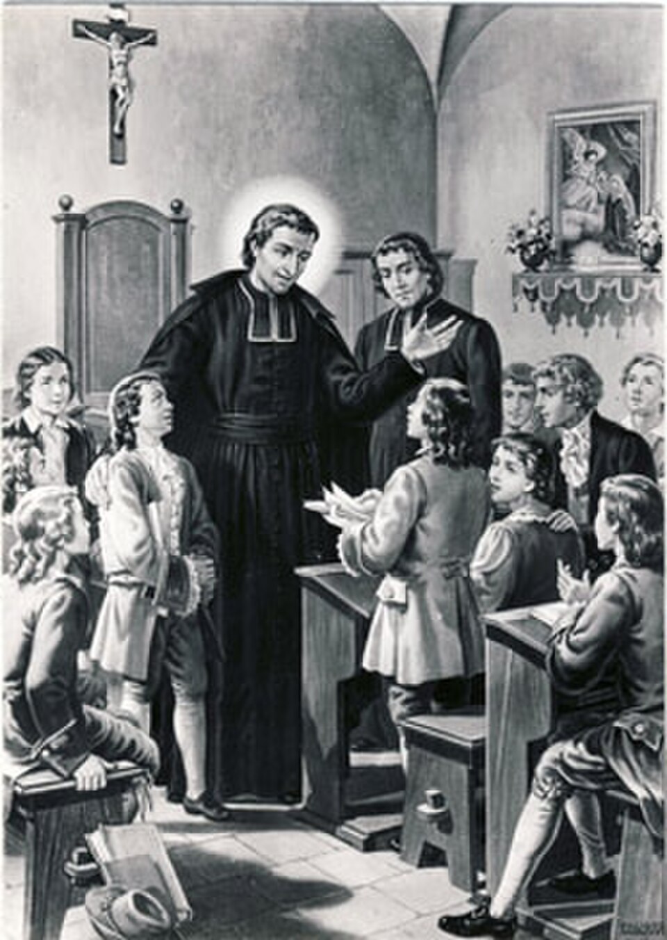 Ilustración en blanco y negro de san Luis María Grignion de Montfort con sotana y aureola, entre niños