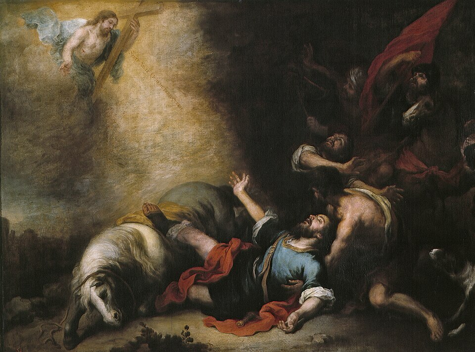 Pintura de la conversión de san Pablo, caído del caballo y mirando a Cristo que aparece con la cruz