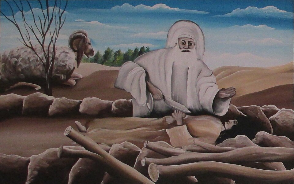 Pintura del patriarca Abraham con ropas blancas a punto de sacrificar a Isaac sobre la leña, con un carnero detrás