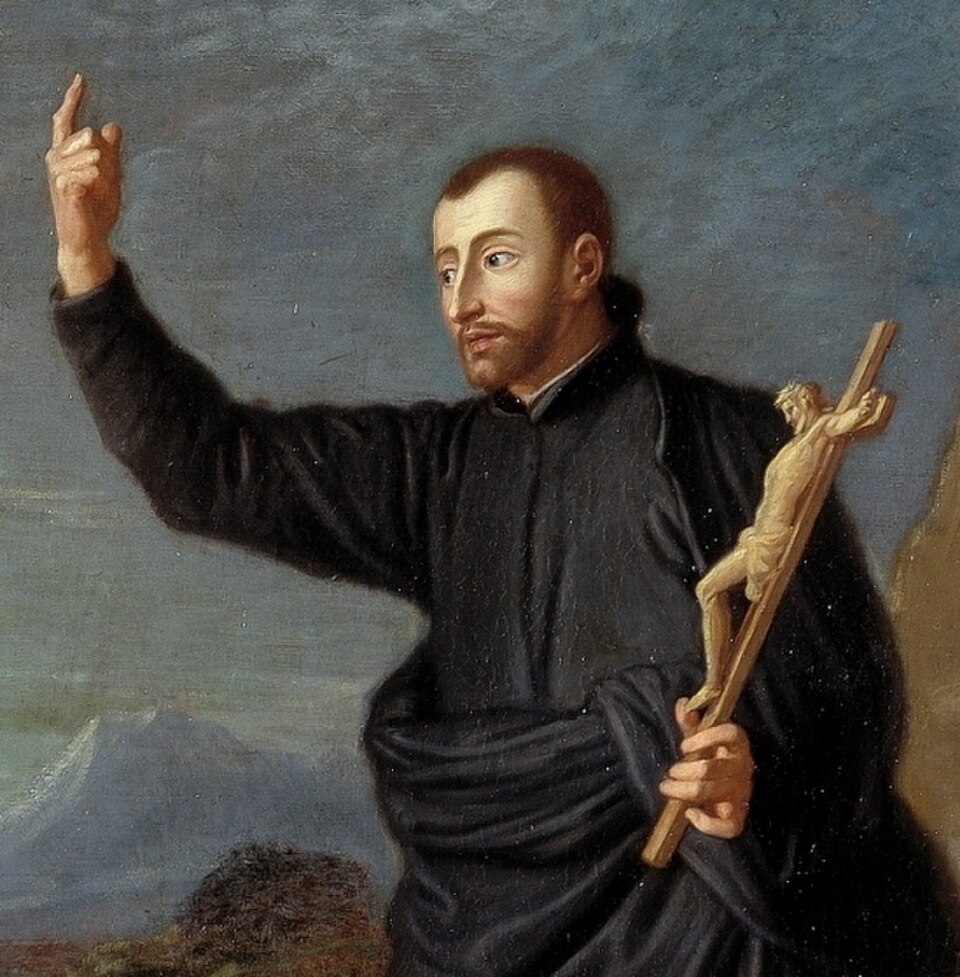 Pintura de san Juan Francisco Regis con sotana negra, señalando al cielo y sosteniendo un crucifijo