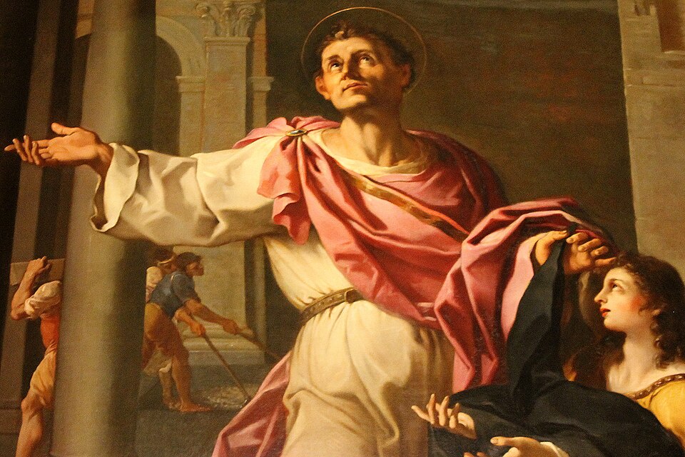 Pintura de san Pammaquio con aureola, túnica blanca y manto rosa, brazo extendido y mirada al cielo
