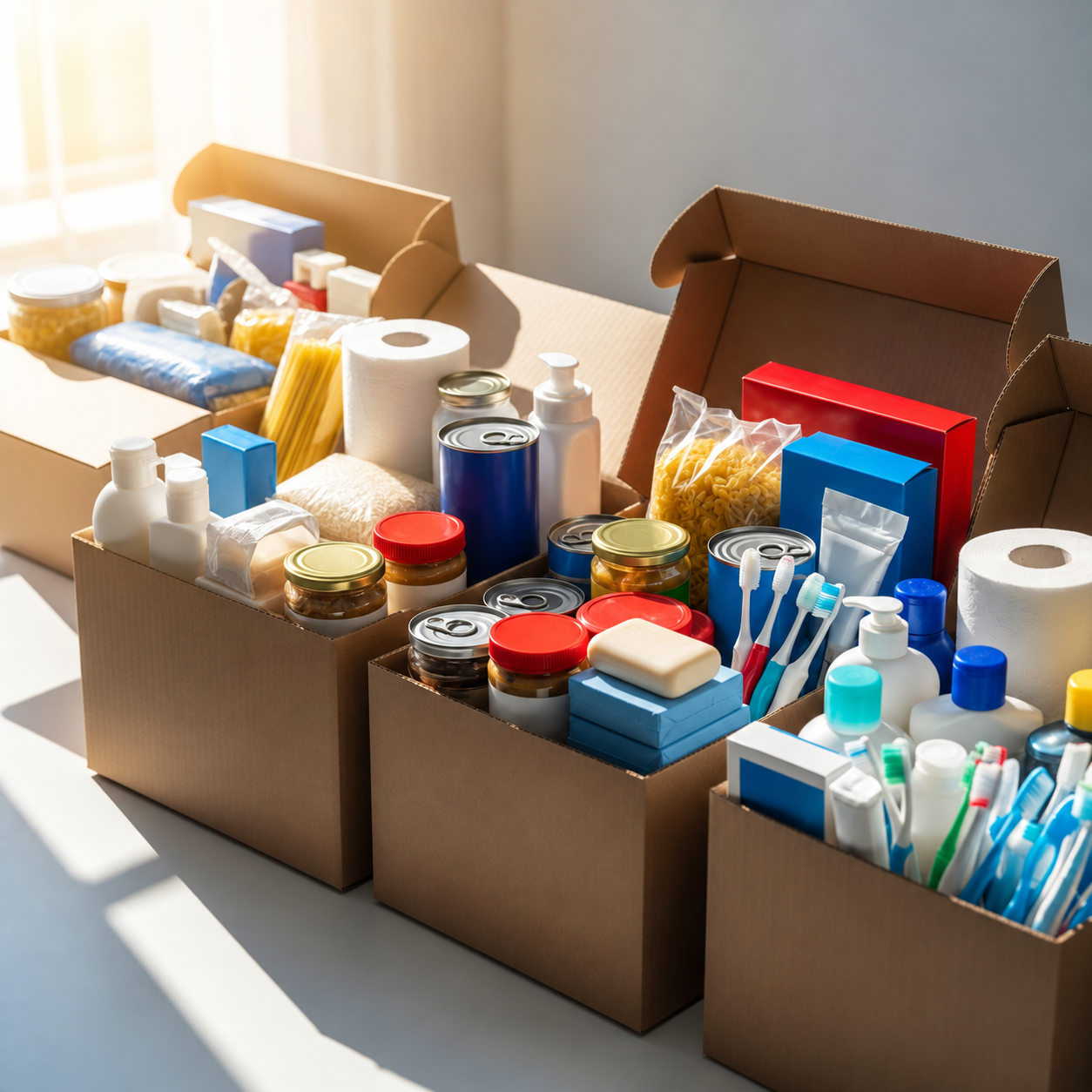 Cajas con alimentos y productos de higiene preparados para ayuda humanitaria.
